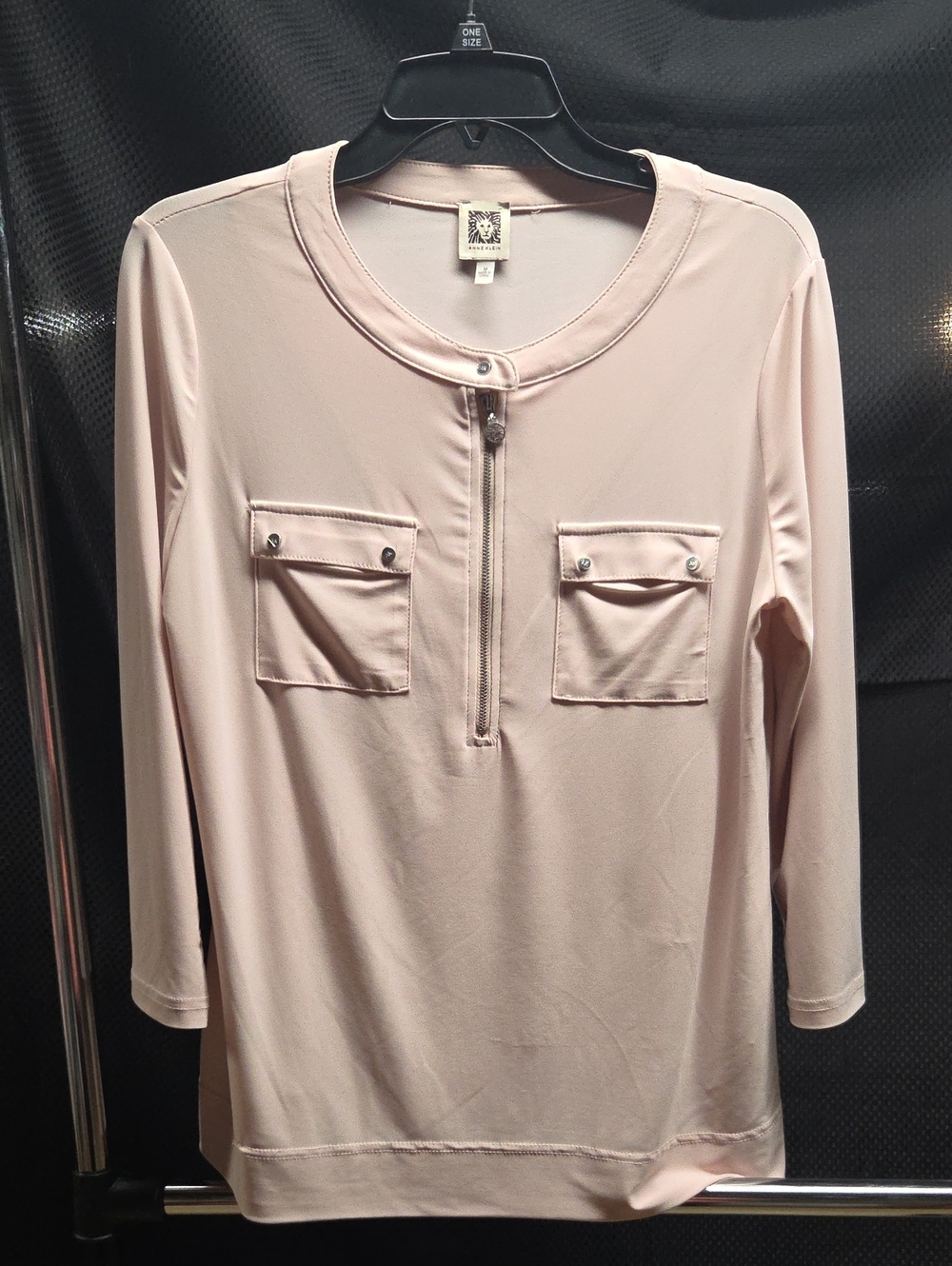 Anne Klein Blush Pink Long-Sleeve Zip Front Pocket Top